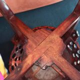 Carved wooden side table, red marble top embedded