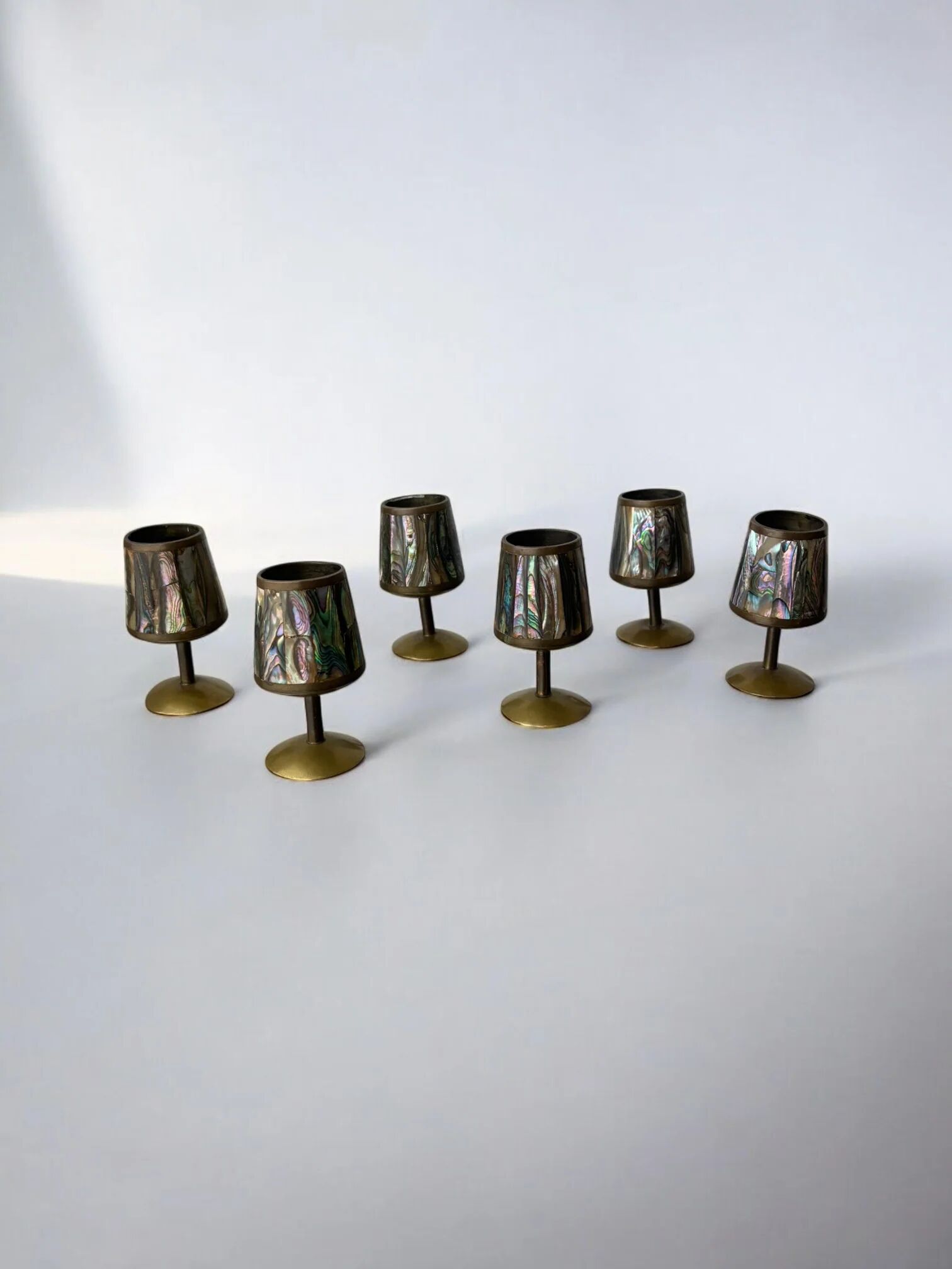 Abalone shell & brass shot glasses, set of 6, Mexico, 1970s