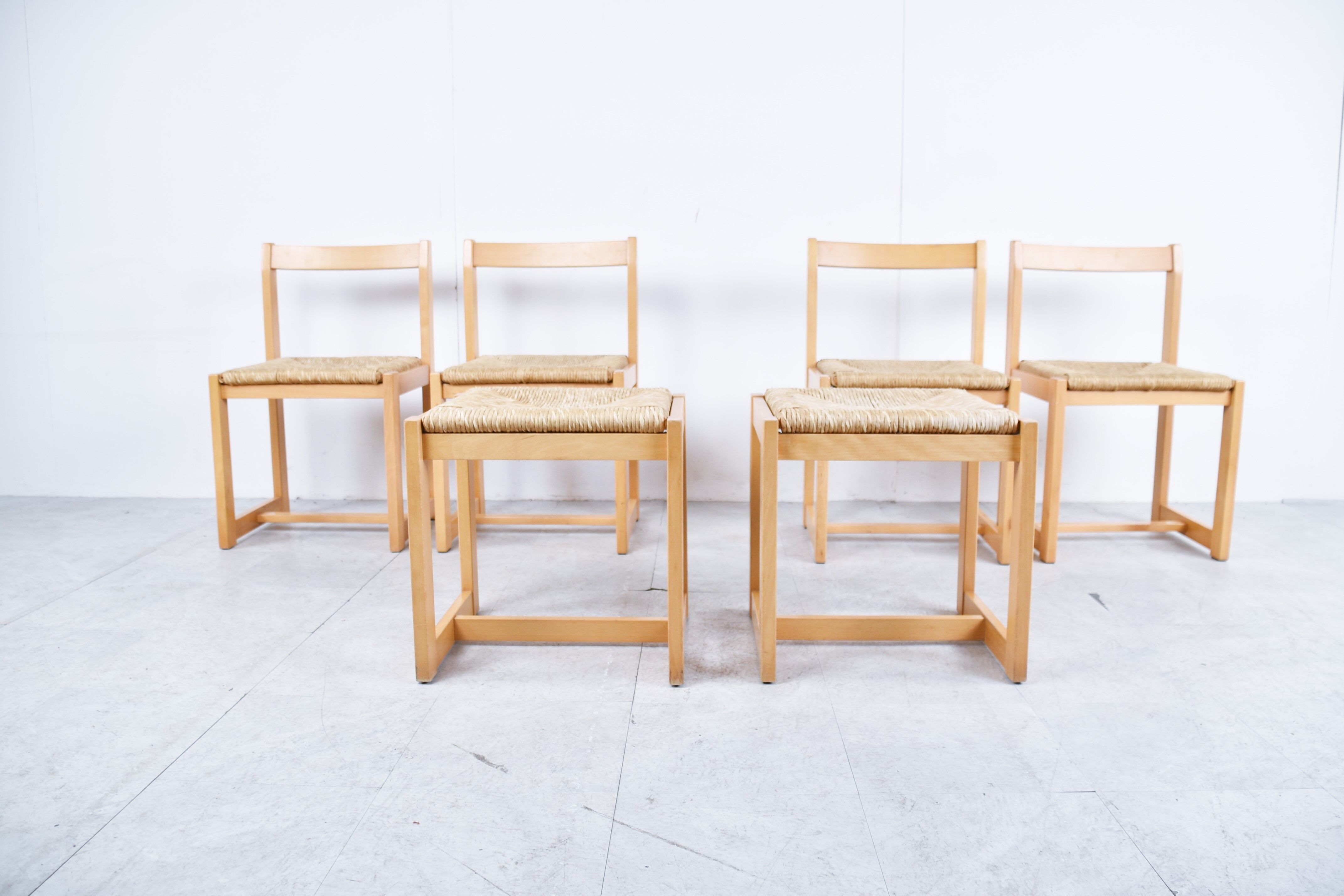 6 vintage oak and wicker dining chairs, 1960s