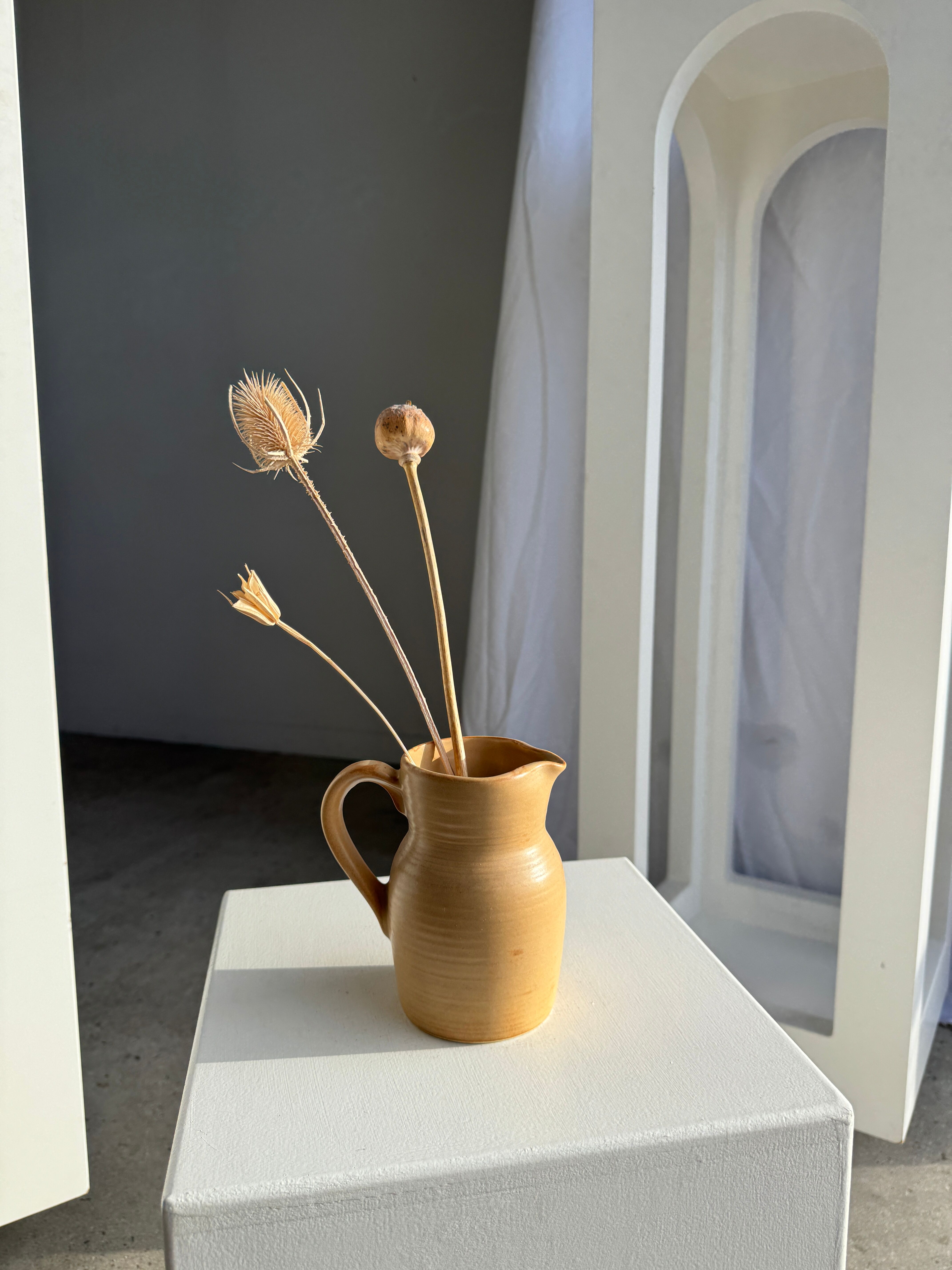 Small vintage jug engraved 50cl matte beige stoneware H14