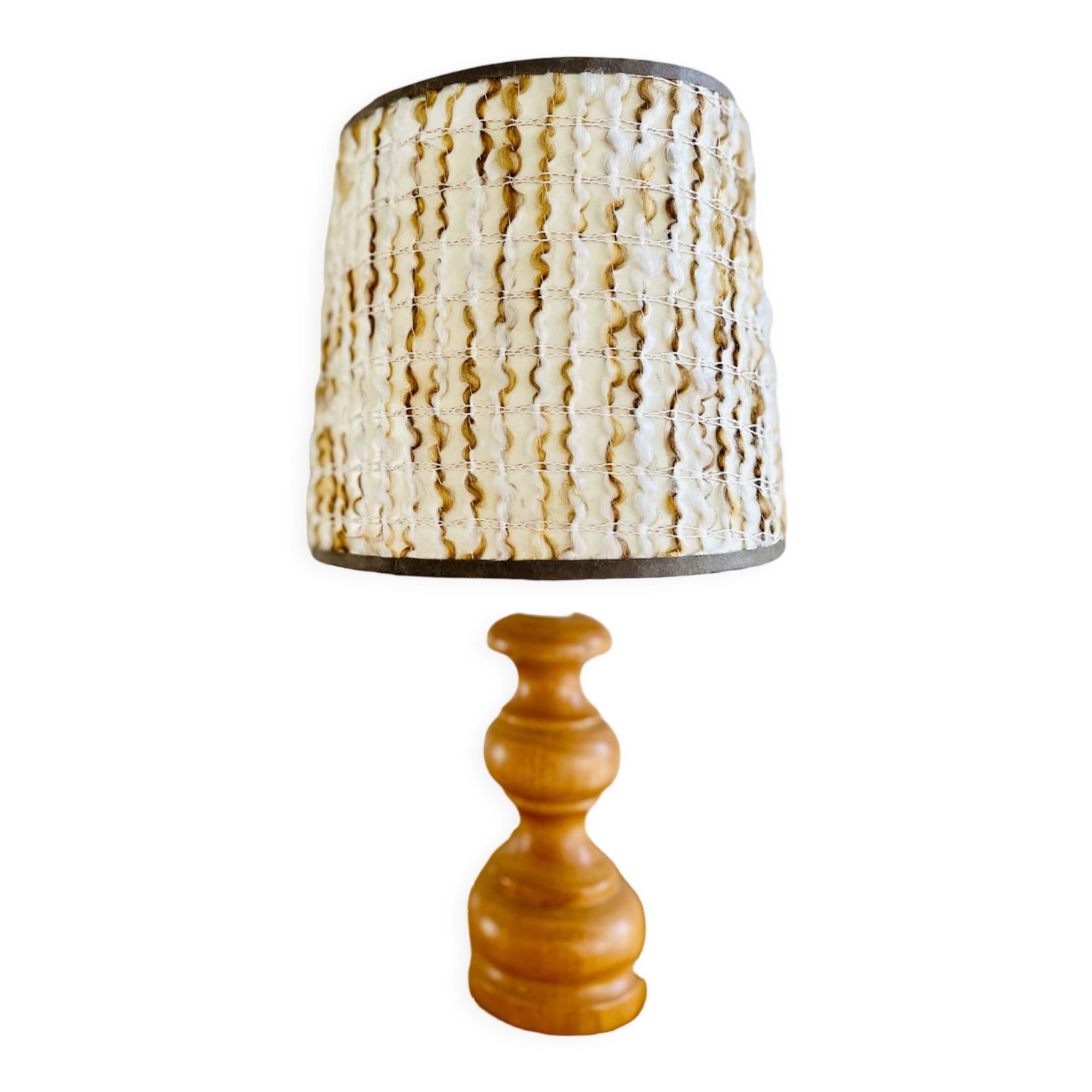 Vintage foot light wood table lamp and wool lampshade