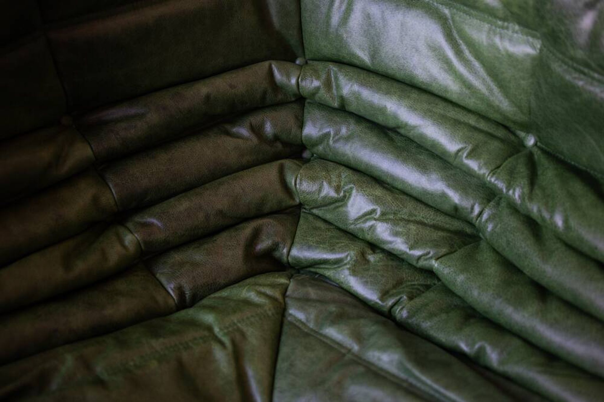 Green leather Togo living room set by Michel Ducaroy for Ligne Roset, 1979, set of 5
