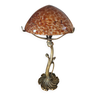 Bronze lamp in Art Nouveau style from 1975 to 1985 with a high-quality glass shade.