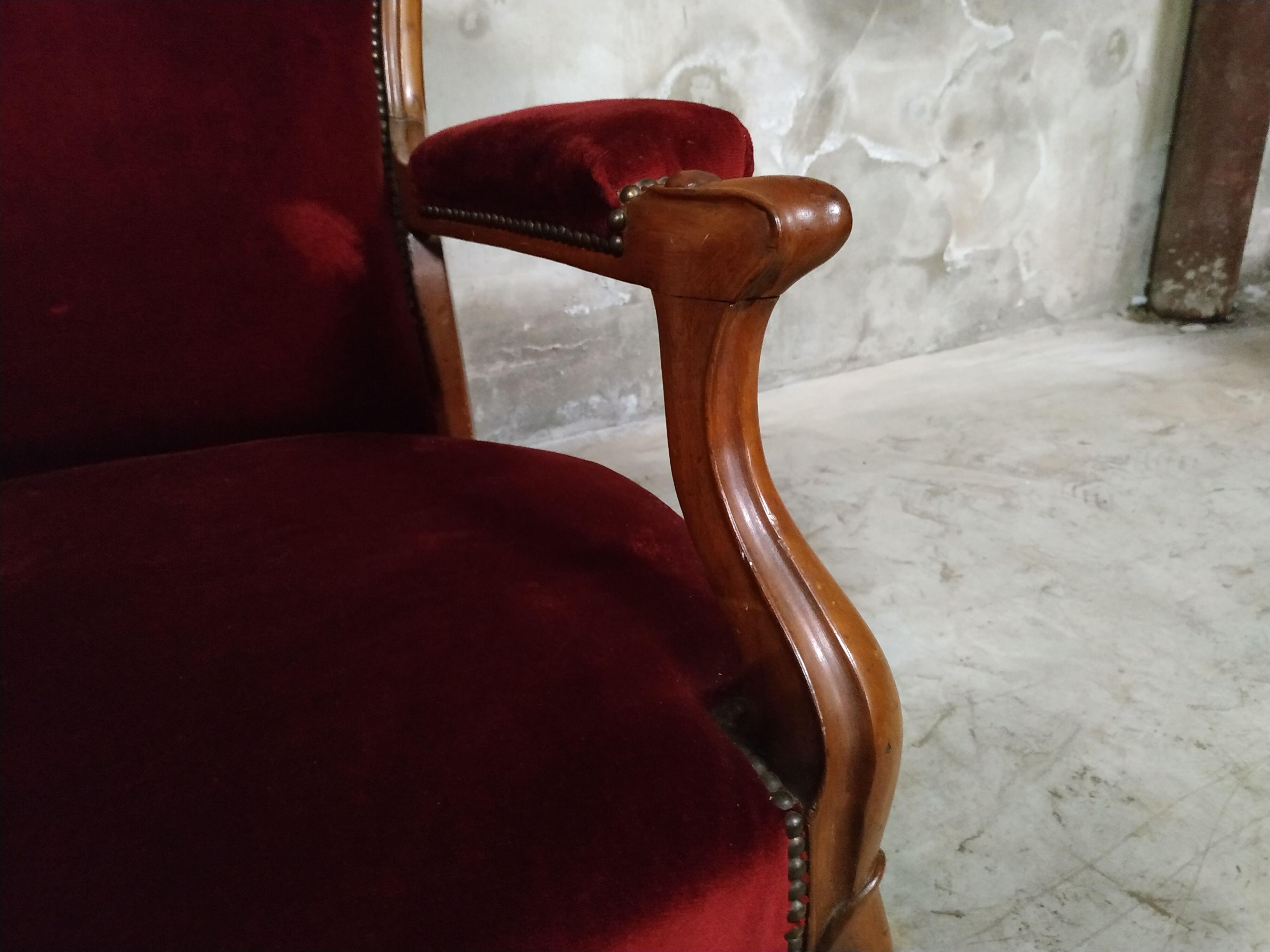 Walnut and velvet armchair