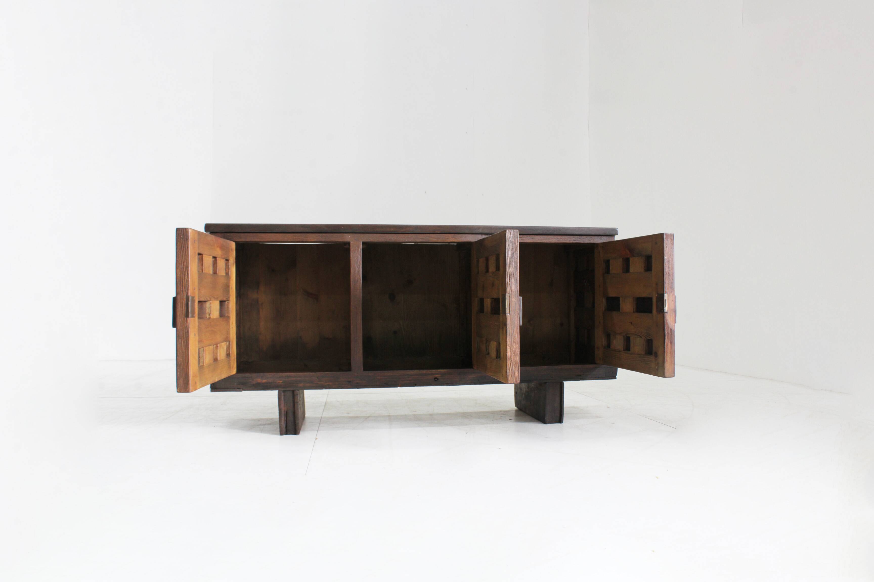 Vintage Brutalist Spanish carved sideboard credenza