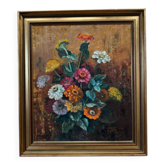 Huile sur panneau par Picquet nature morte bouquet de fleurs XXe