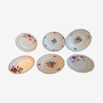 Suite de six assiettes plates  dépareillées, vintage années 50-60