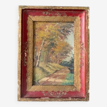 Tableau ancien impressionniste, forêt d'automne, encadré, signé, fin XIXème