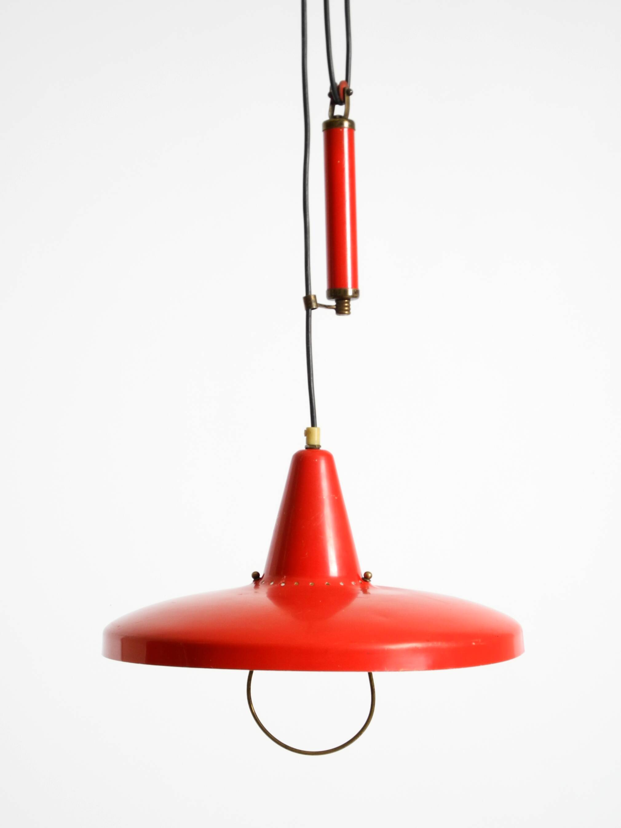 Mid-Century Modern red aluminum pendant lamp, height adjustable, Italy