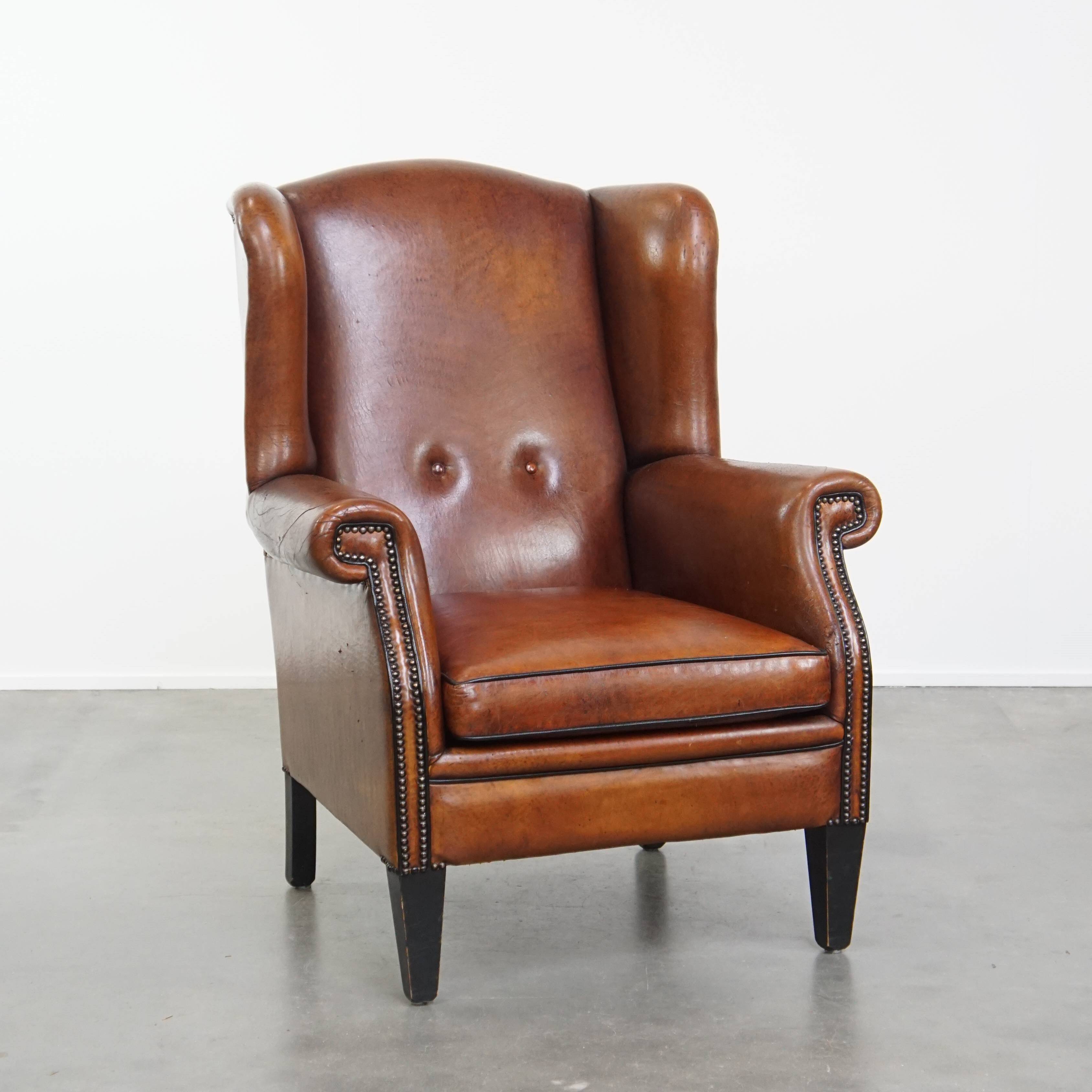 Large Vintage Sheepskin Leather Wingback Chair