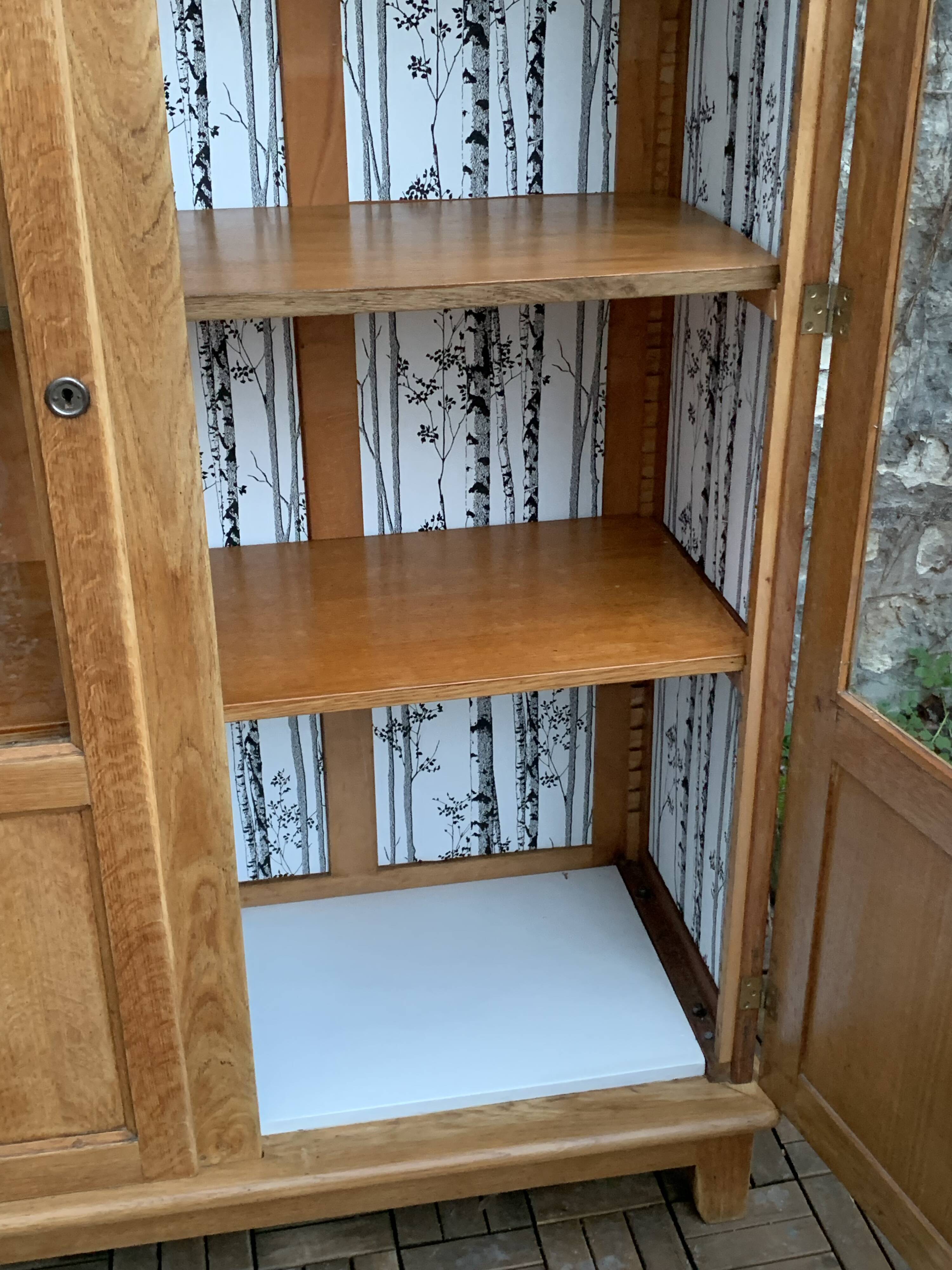 Solid raw oak school glass cabinet 1950