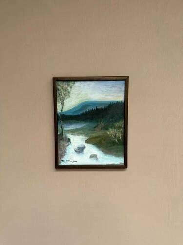 Mid-Century Oil on Canvas “River” by Unknown Artist, Vintage & Framed 36×45cm