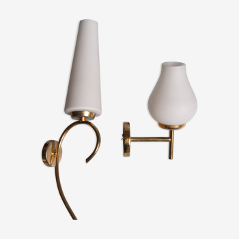 2 brass and opalin glass sconces from the 1960s