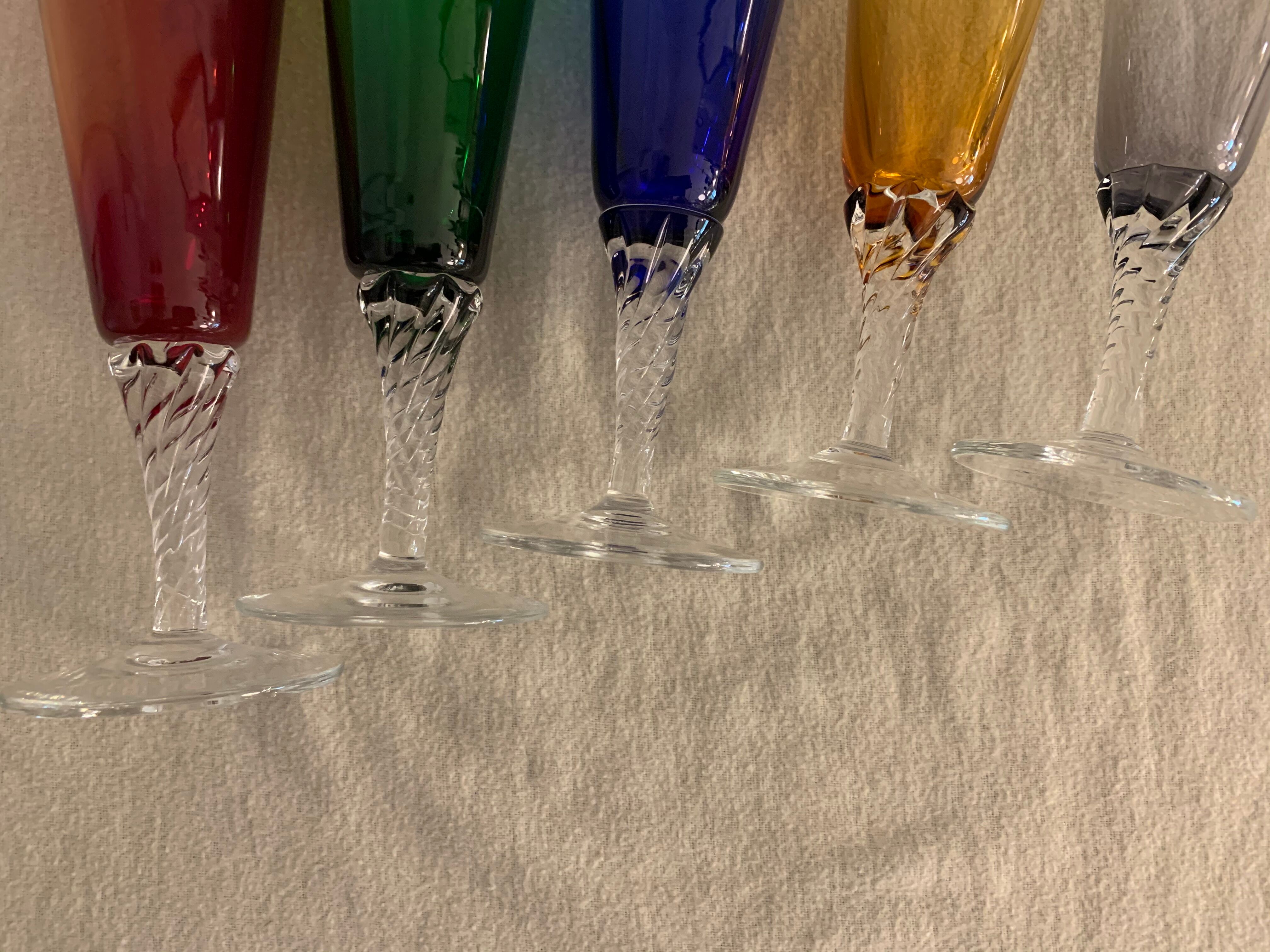 5 colorful champagne flutes in Murano 1970 glass
