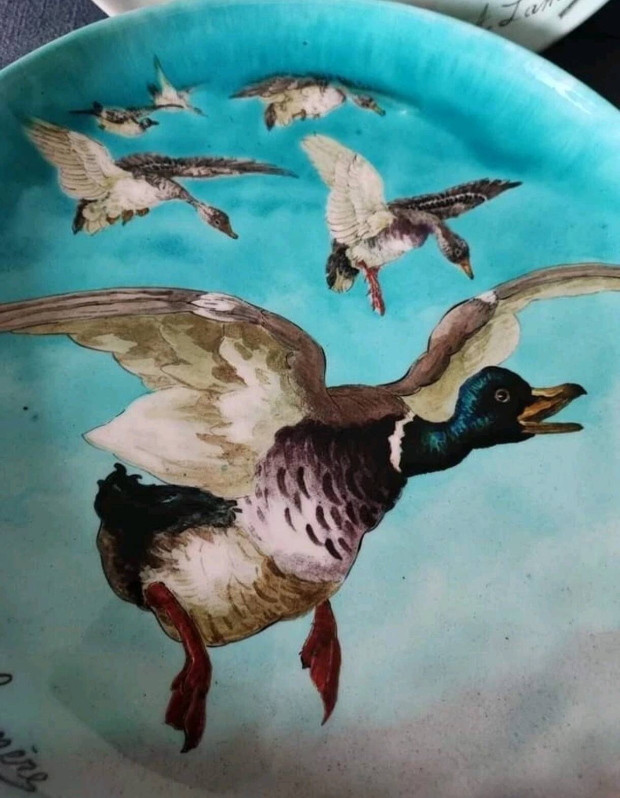 Pair of plates Auguste Lamère flying duck workshop Théodore Deck