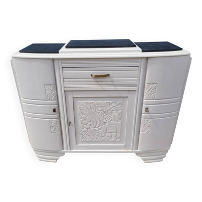 Buffet Art Déco 1930 motifs floraux dessus marbre