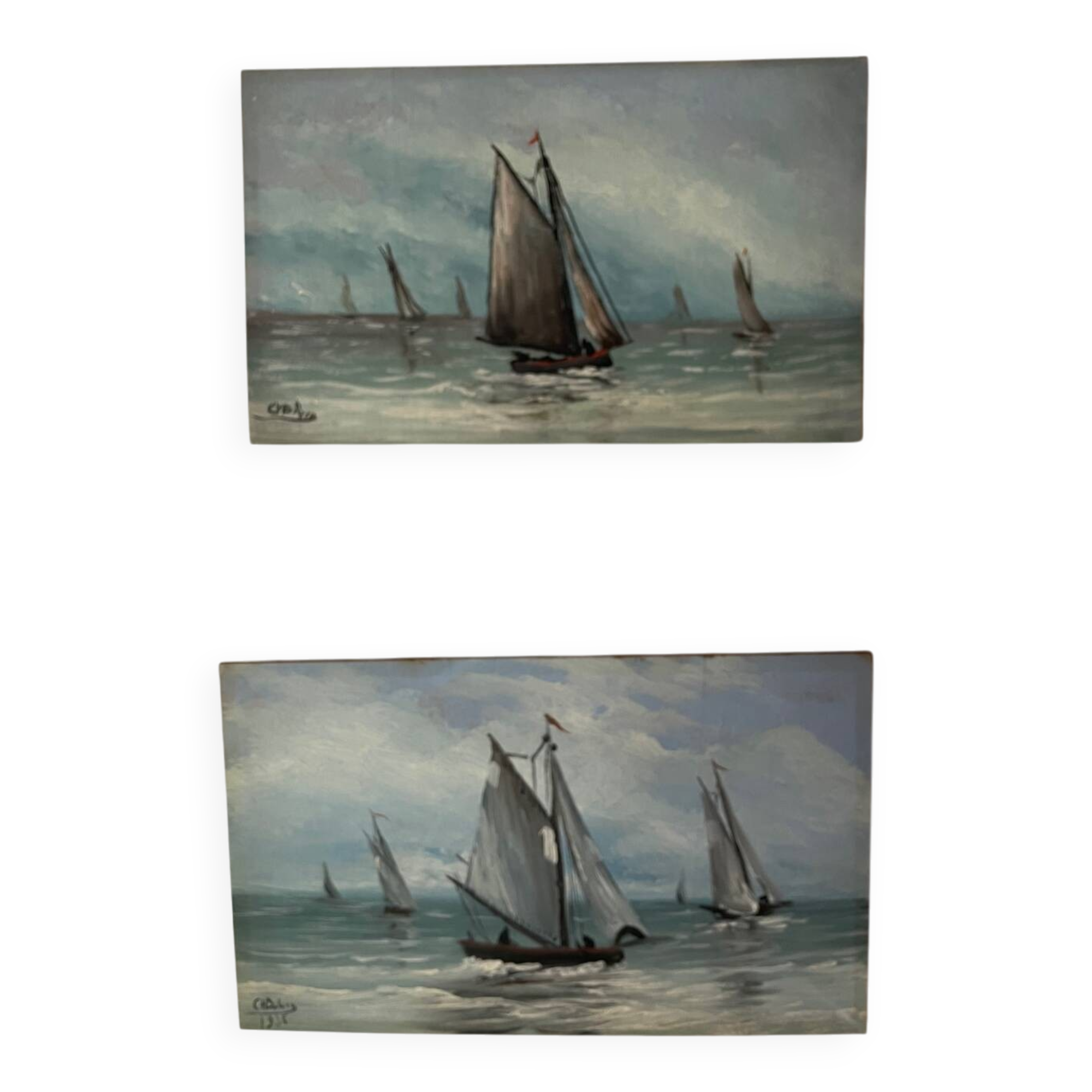 A pair of old paintings on wood.