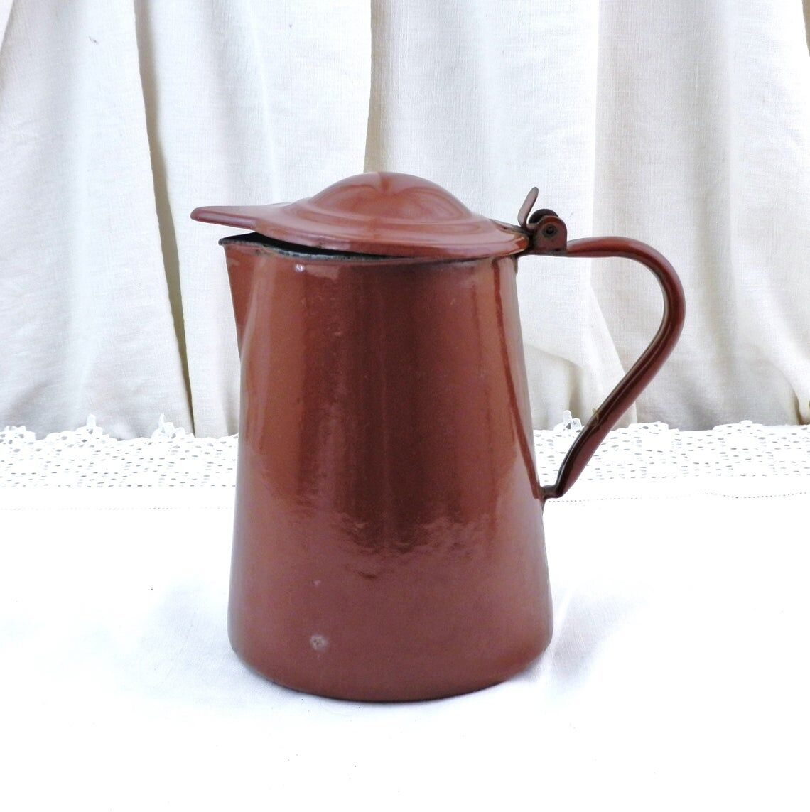 French vintage chocolate brown enamel lidded pitcher
