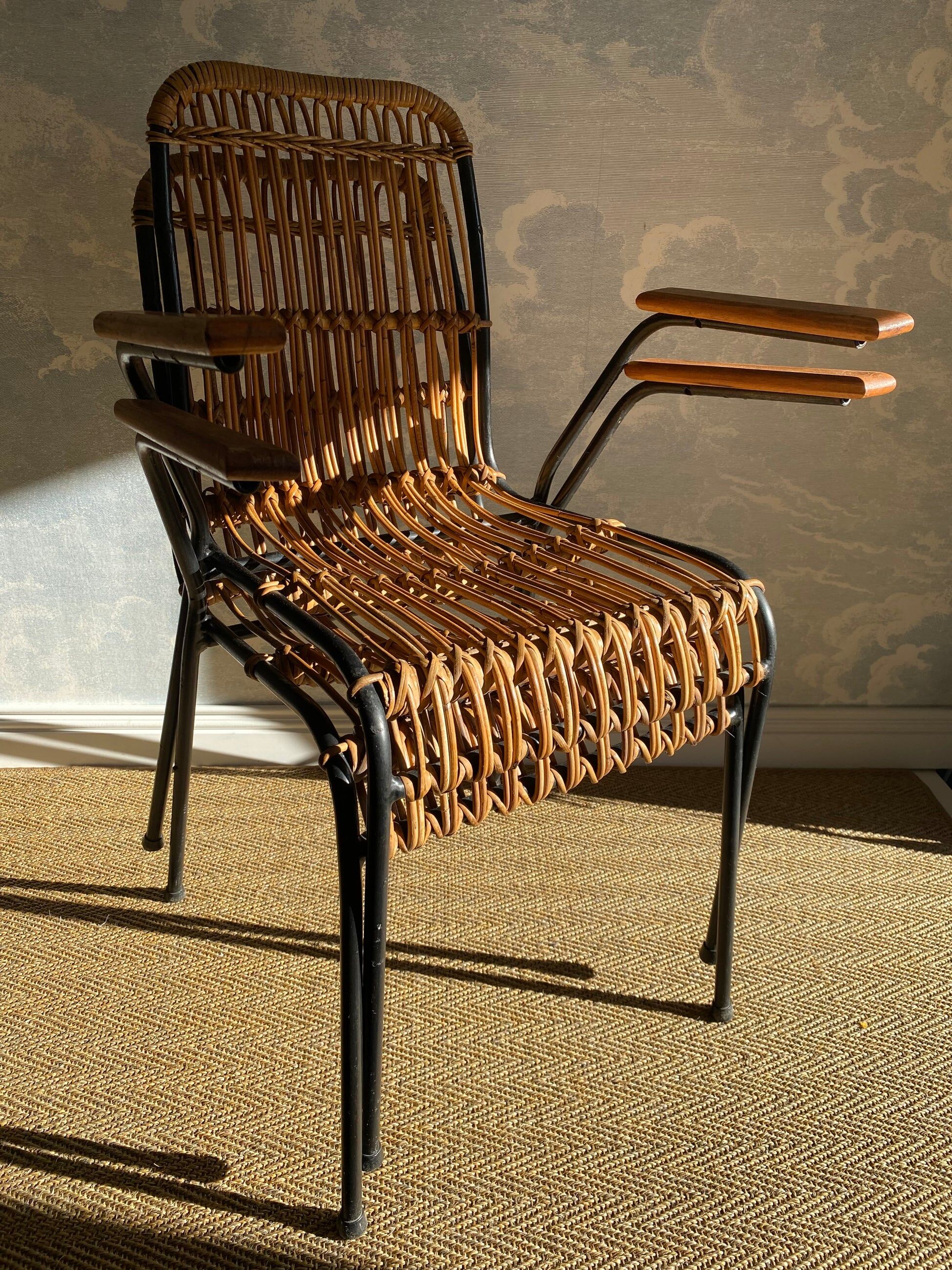 Set of 4 vintage rattan and bamboo chairs by Schumacher, Belgium 1950s.