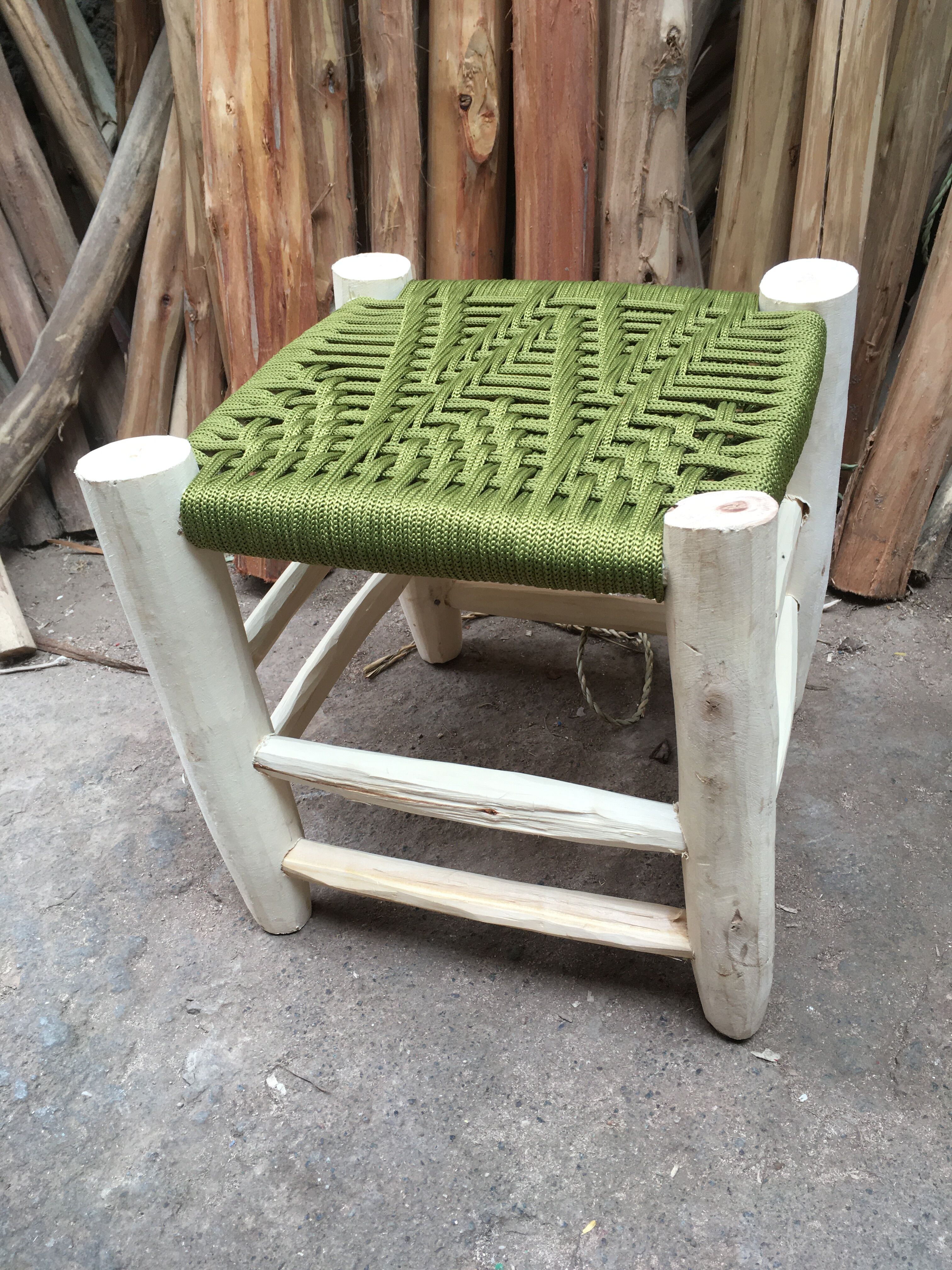 Traditional Moroccan stool in olive green nylon thread and Eucalyptus wood 02