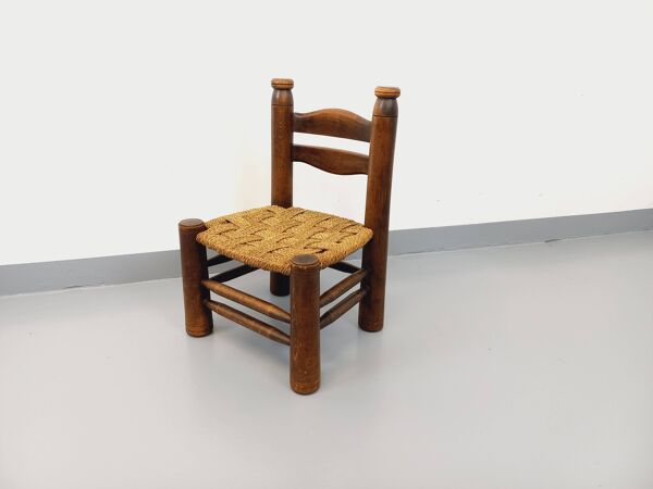 Chaise basse  vintage en bois et paille