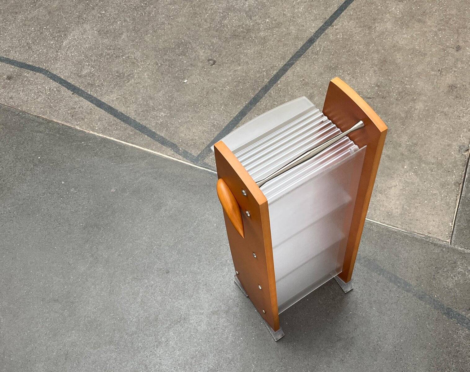 Postmodern CD storage unit in wood, metal, and plastic by Ezech, 1980s.