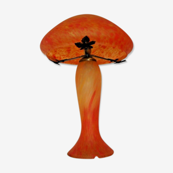 Beautiful Art Nouveau Style Orange Art Glass Mushroom Lamp With Shade 3430