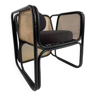 Fauteuil cubique en rotin noir et cannage