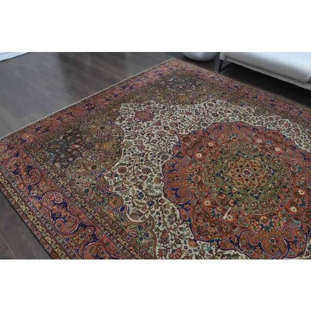 1960s Vintage Persian Handmade Wool Cotton Light Red Area Rug 253x340