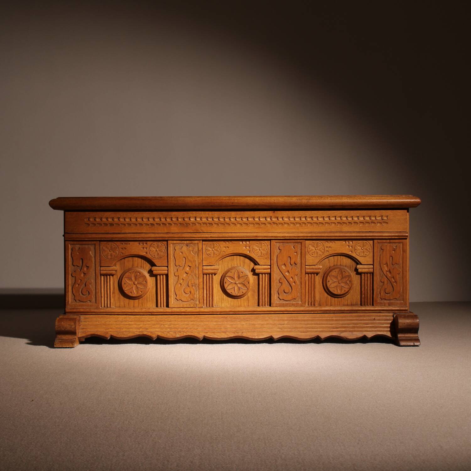 Carved Oak Chest with Decorative Front | Germany 1970s