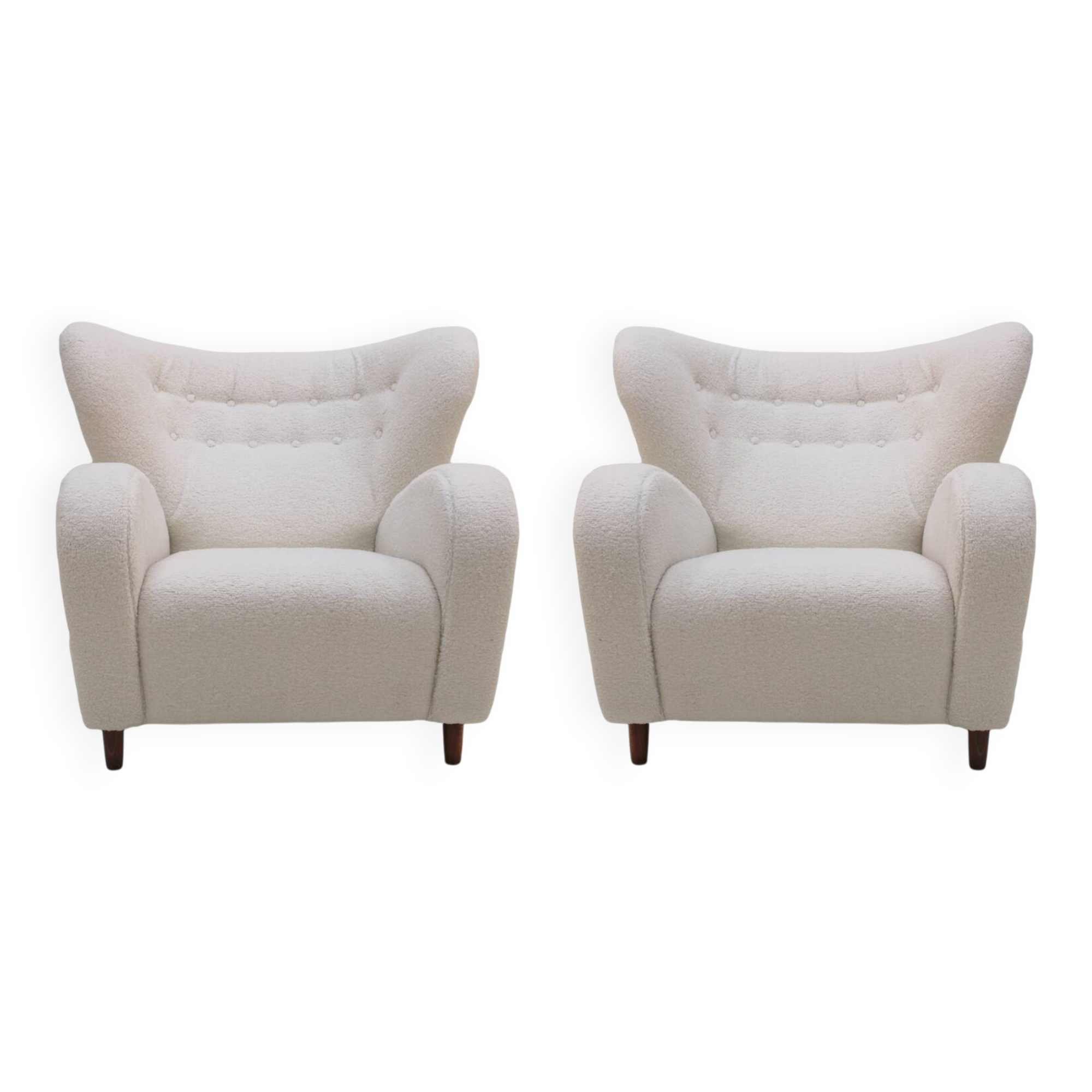 Late 20th Century White Wool and Solid Wood Pair of Armchairs, Norway