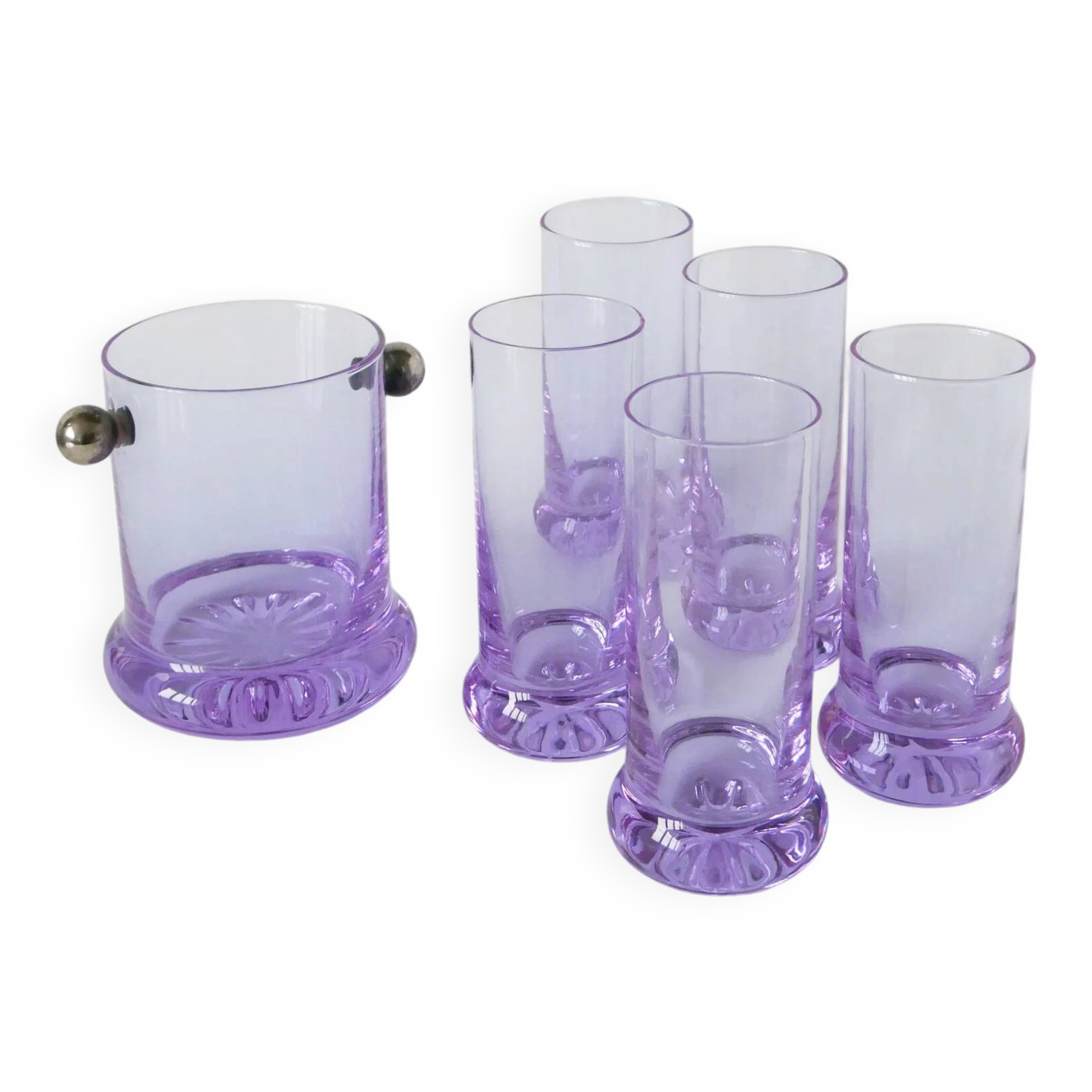Set consisting of 5 cocktail glasses and an ice bucket, purple and chrome, made in Italy, 1960.