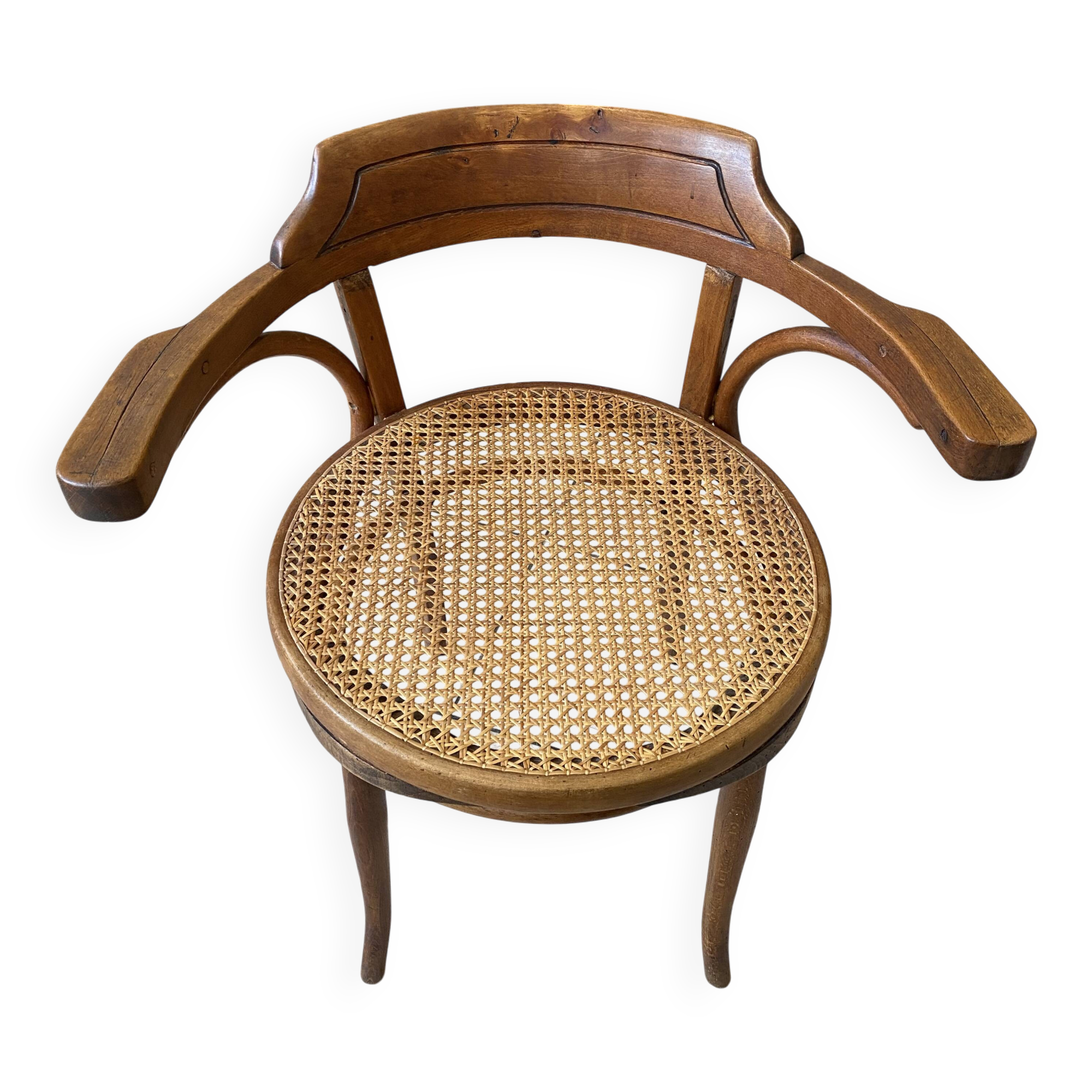 Bistro chair with a curved wooden frame and caned seat from the 1930s.