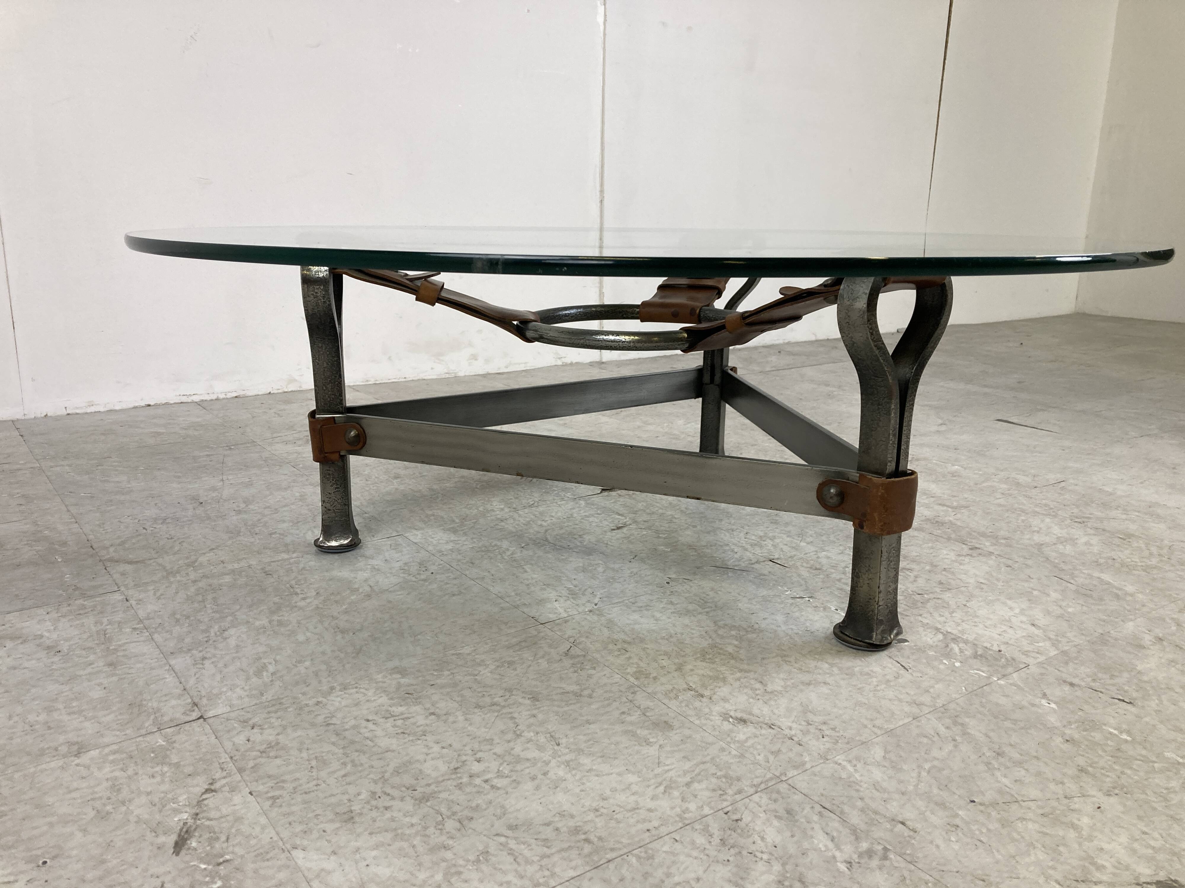 Mid century iron and leather coffee table, 1950s