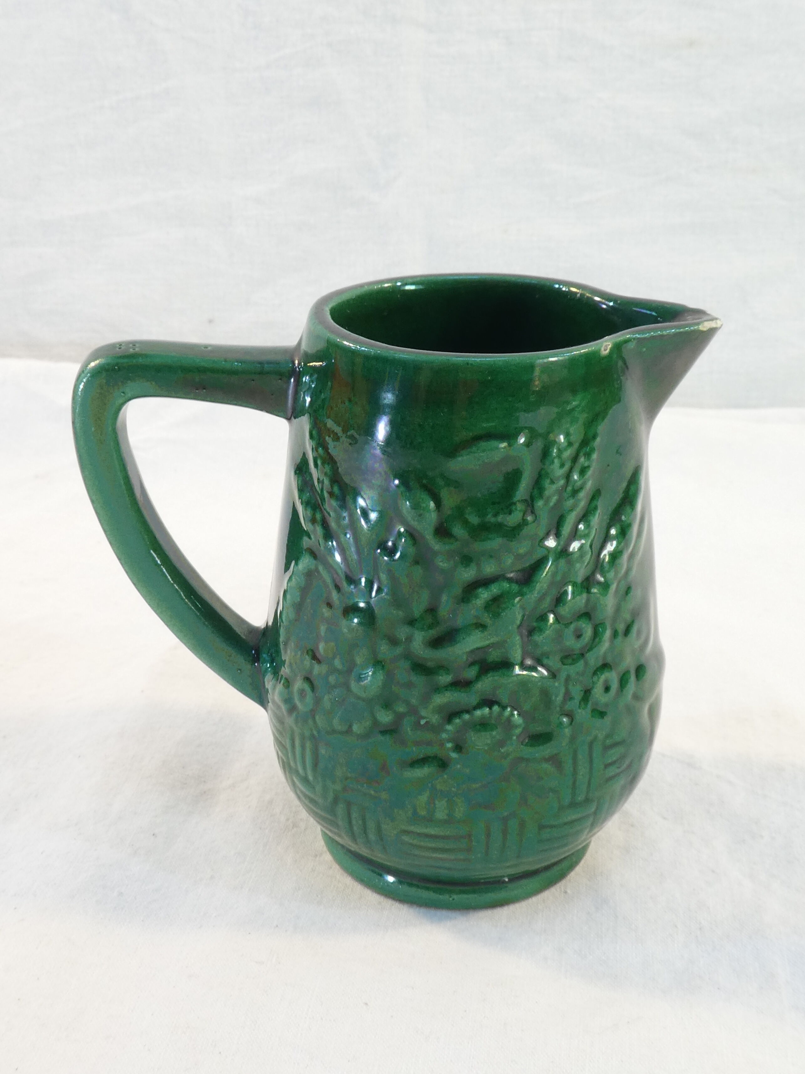 Old Little Vintage Green Pitcher in faience of ST CLEMENT flower basket decor