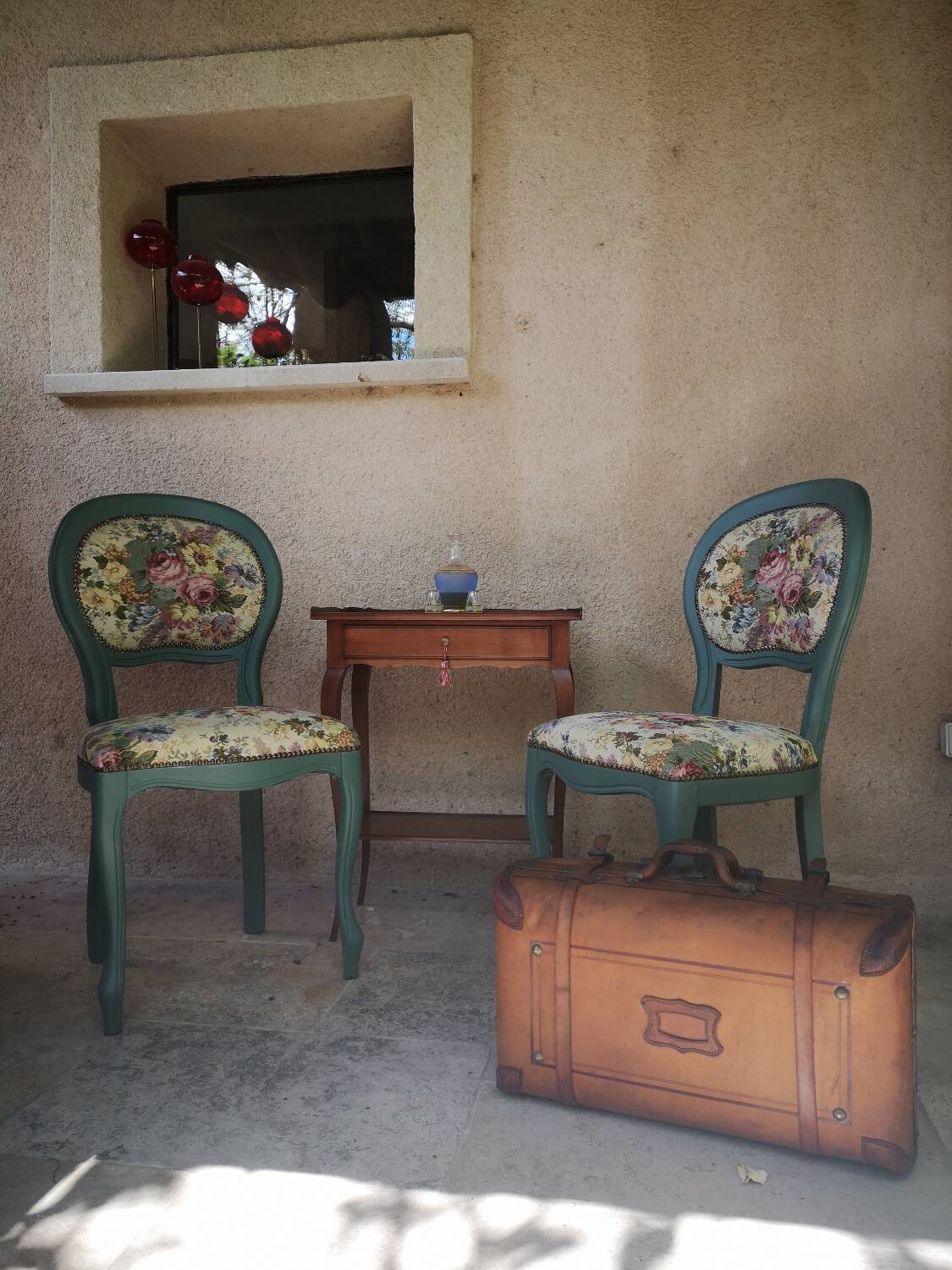 Antique chairs with studded upholstery.