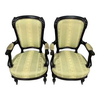 Magnificent pair of Napoleon III period armchairs in black lacquered wood
