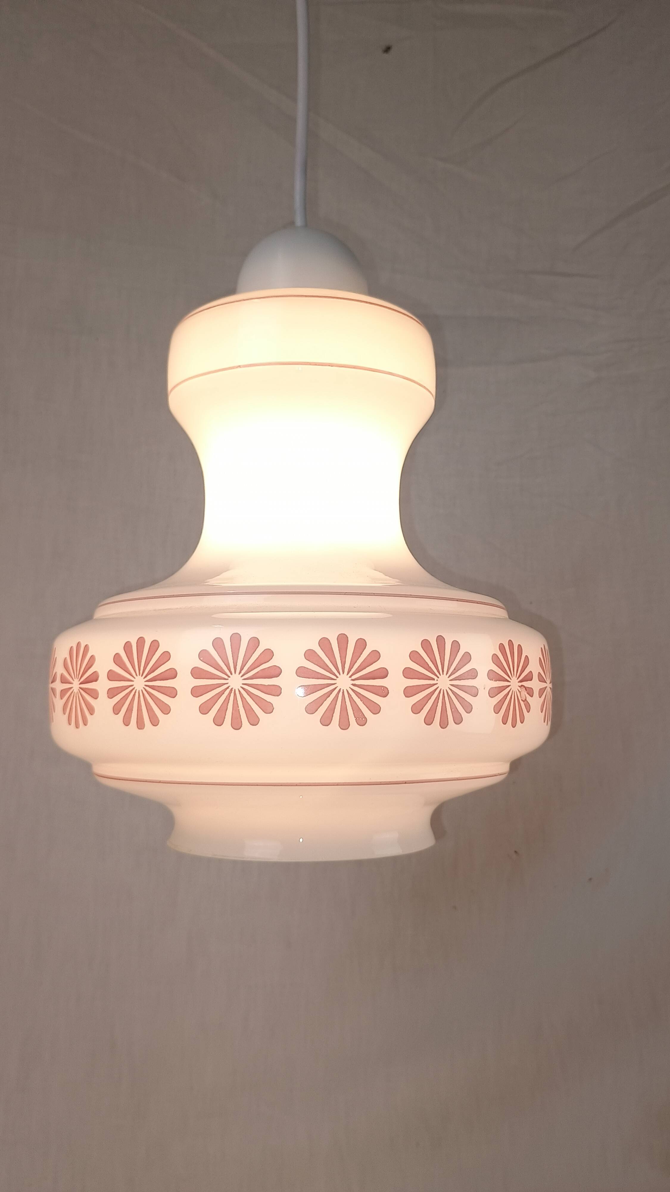 Vintage French pendant light in cream-white glass with pink flowers