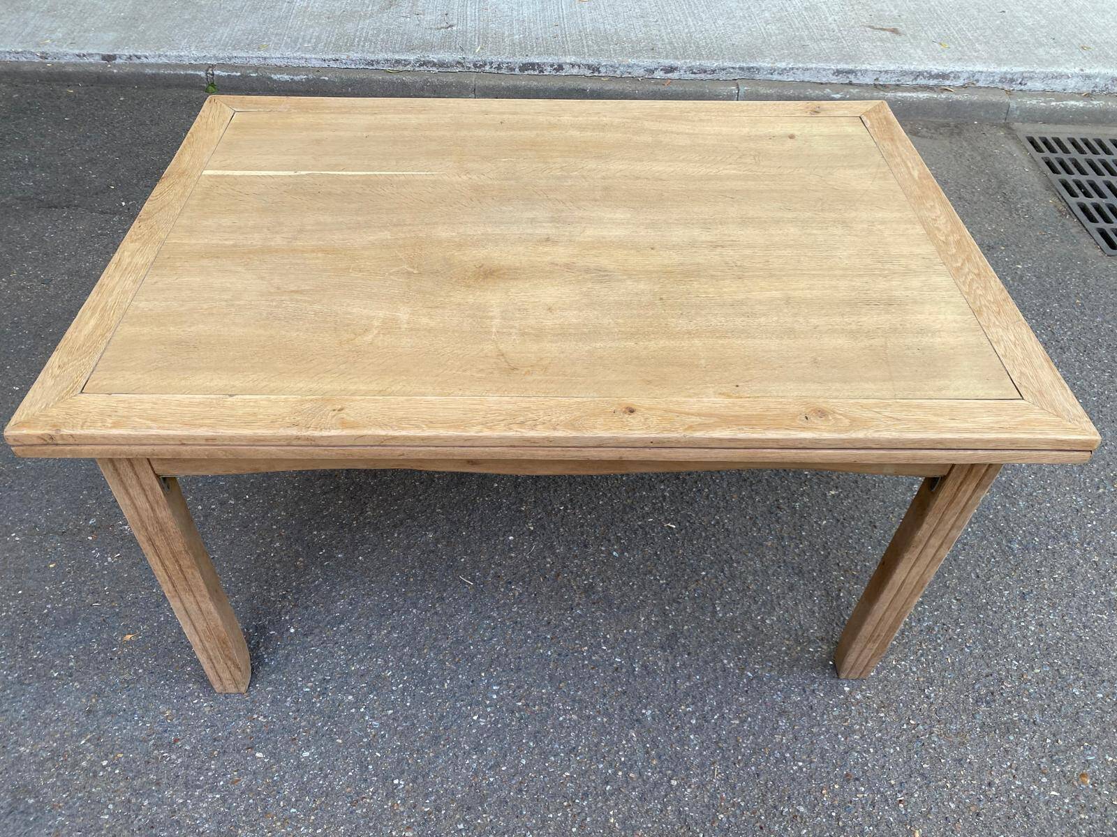 Extensible farmhouse dining table stripped in raw solid oak 1950