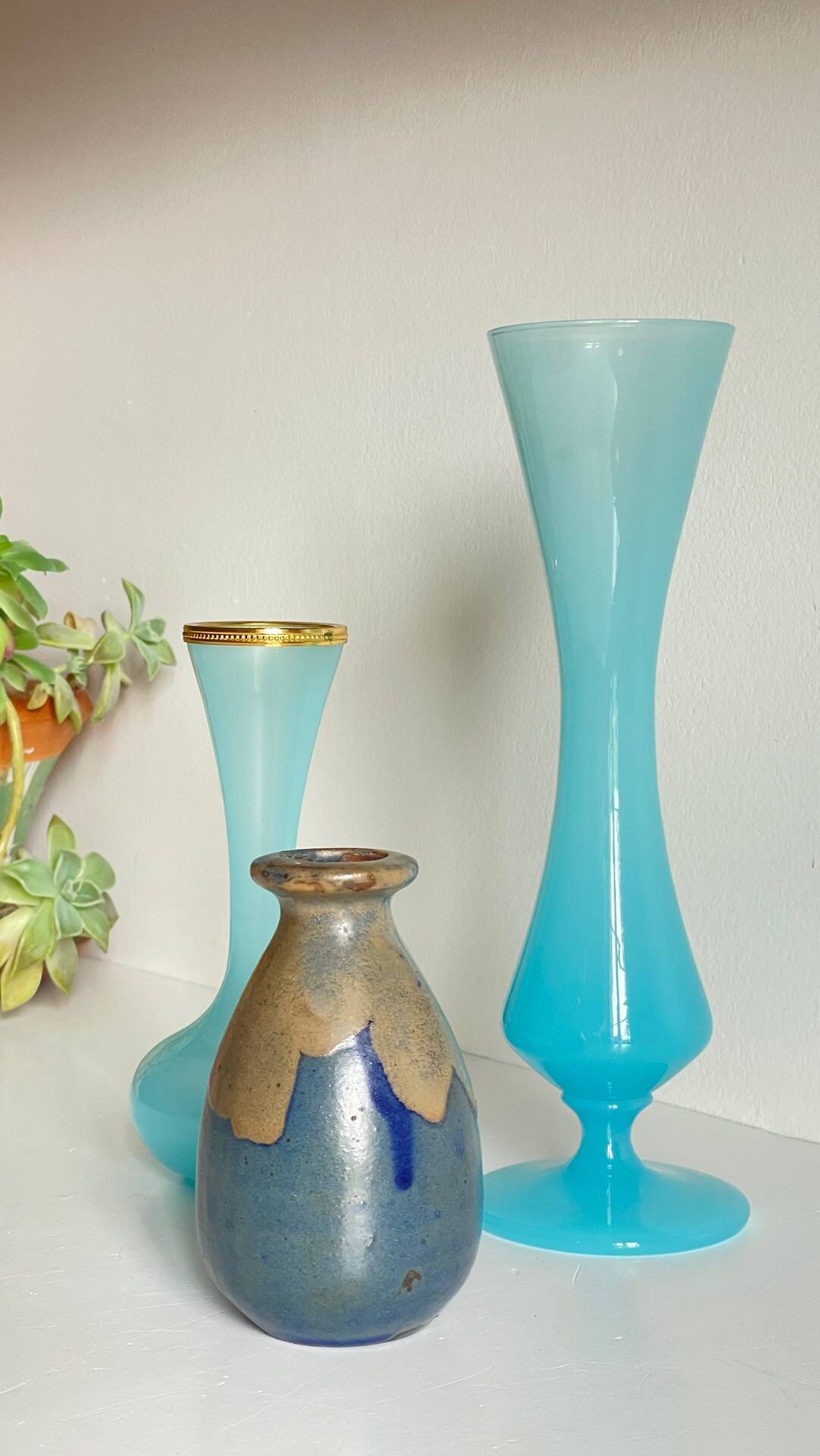 3 VASES Bleu Océan Grès et Verre OPALIN Vintage