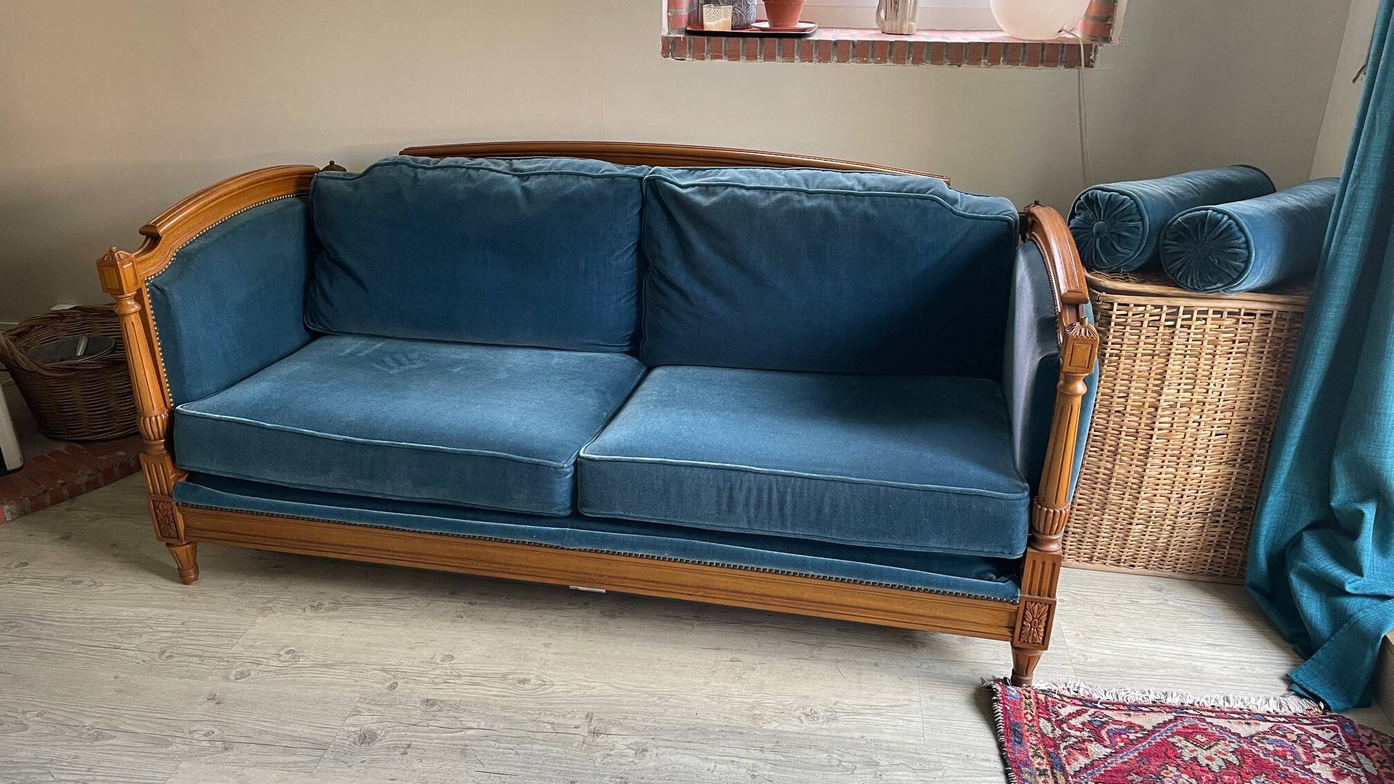 Jean Roche Vintage Wood and Velvet Sofa