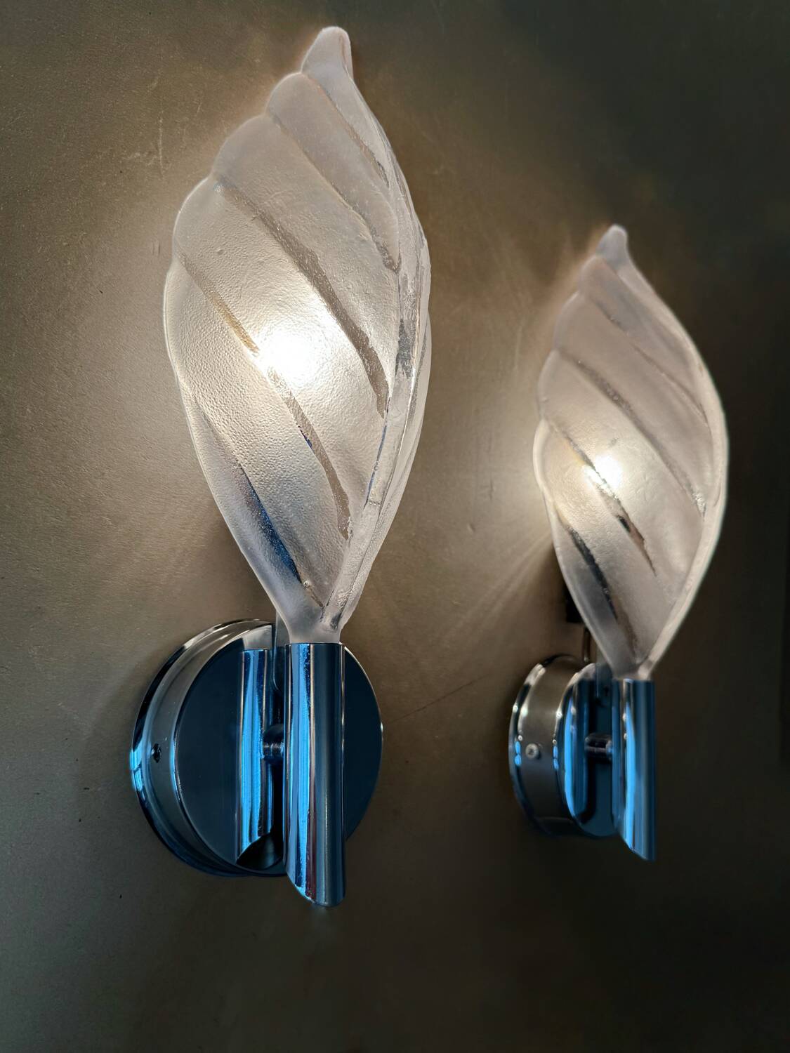 70s glass and chrome metal leaf wall lights