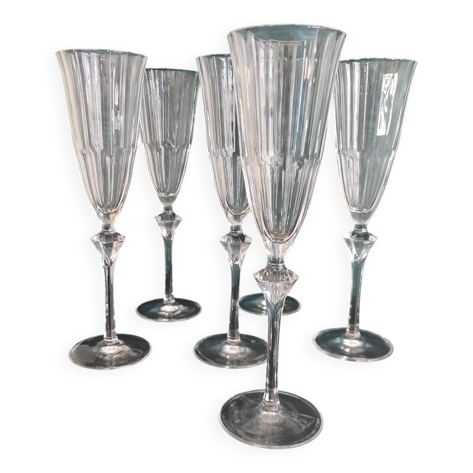 Set of 6 French champagne glasses, Cristal D'Arques, mod. Diamantis