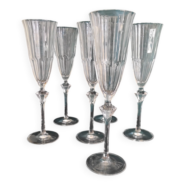 Coffret de 6 coupes à champagne françaises, Cristal d'Arques, modèle Diamantis