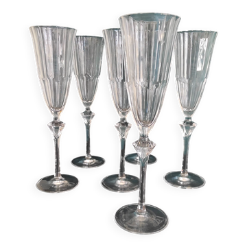 Set of 6 French champagne glasses, Cristal D'Arques, mod. Diamantis