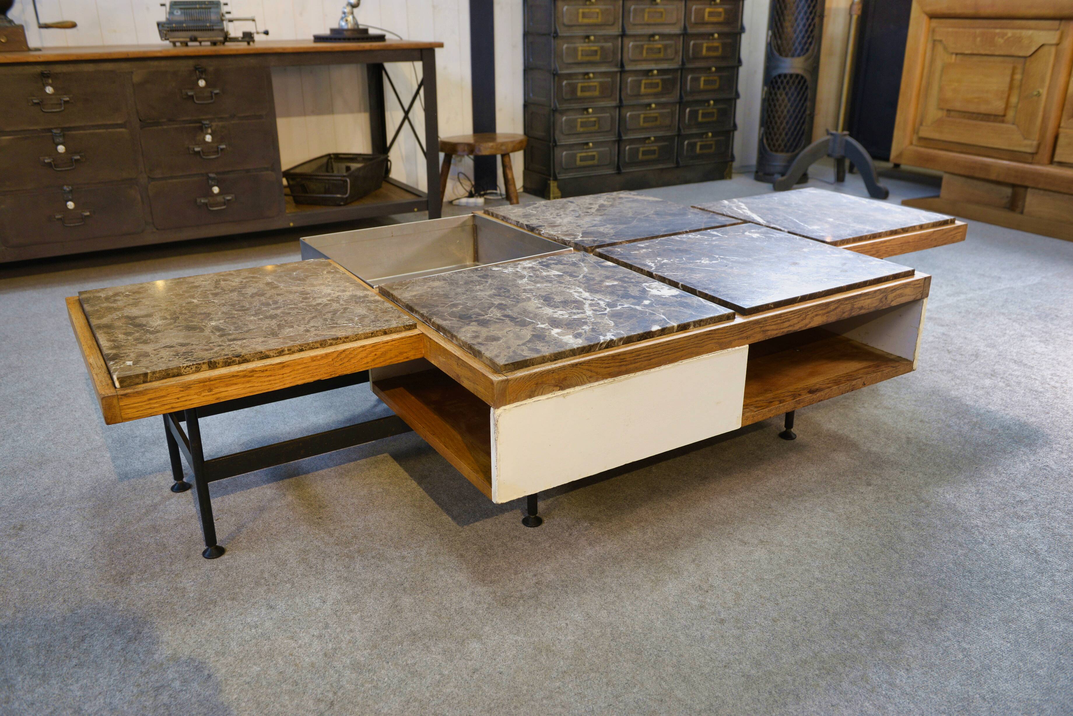 Coffee table with steel base and oak and grey marble frame, 1970s