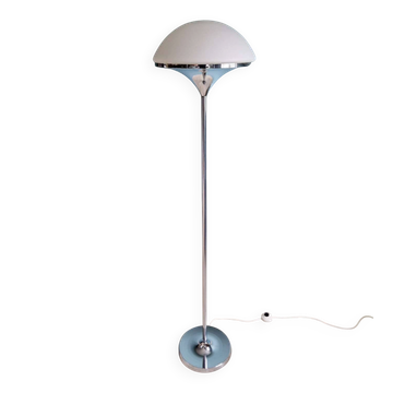 Modernist floor lamp in chrome metal and satin glass, 1960.