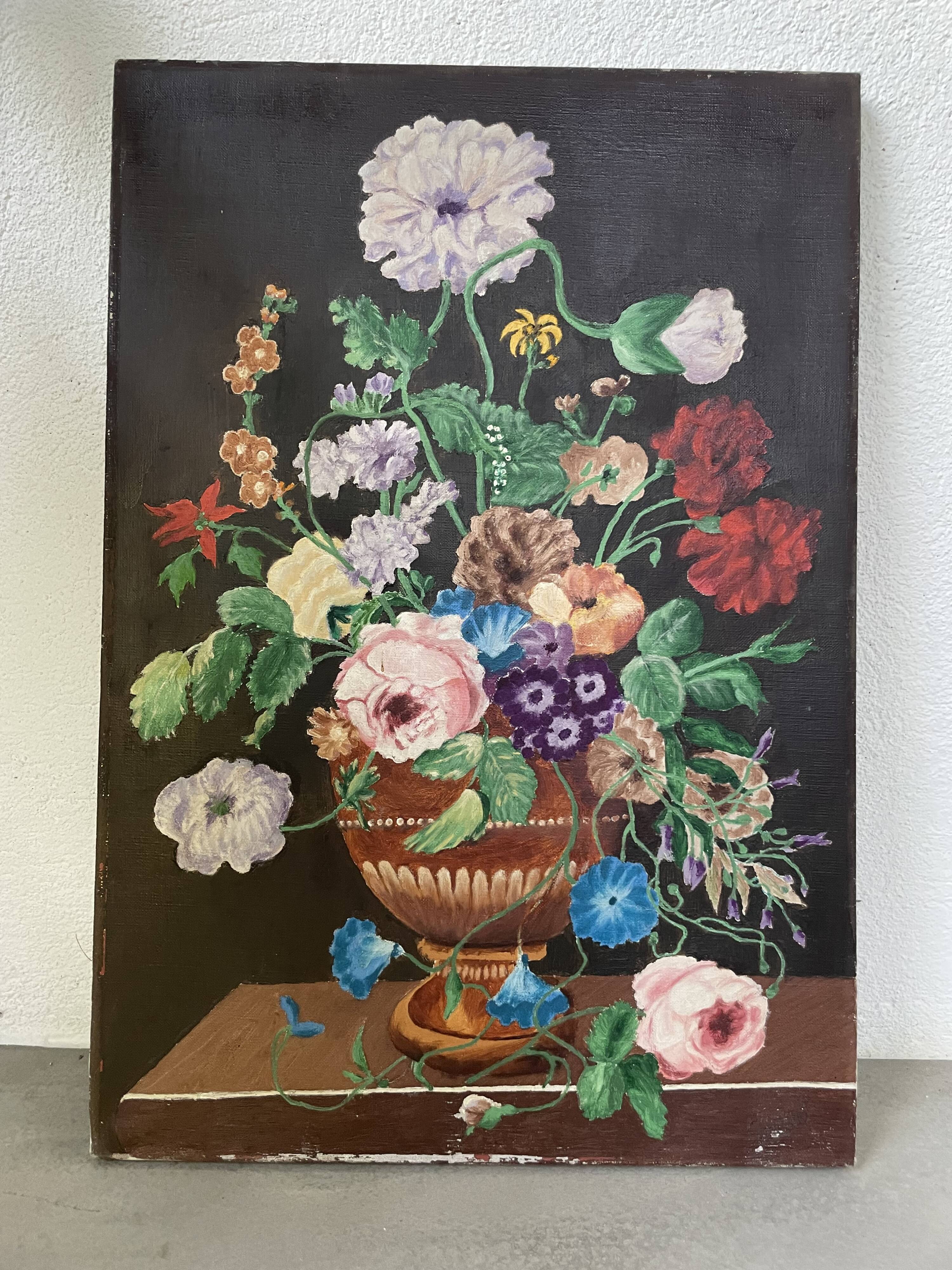 Oil painting on wood flowers signed Grumet