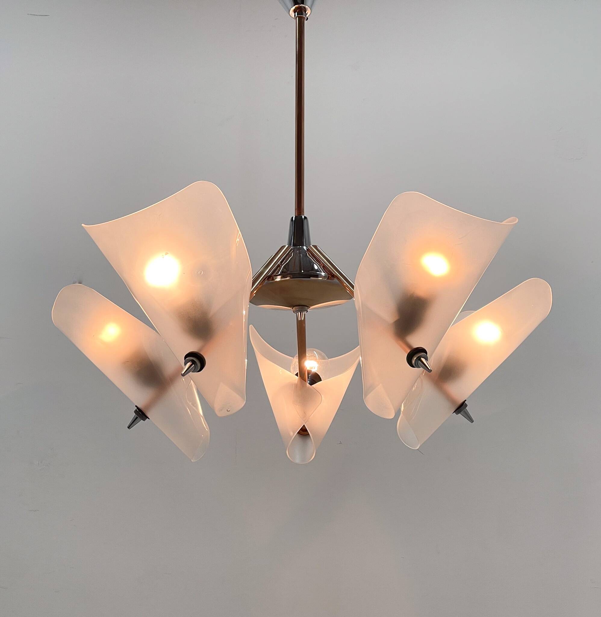 Mid-century chrome, copper & plastic chandelier by drukov, 1970s / 2 pieces avl