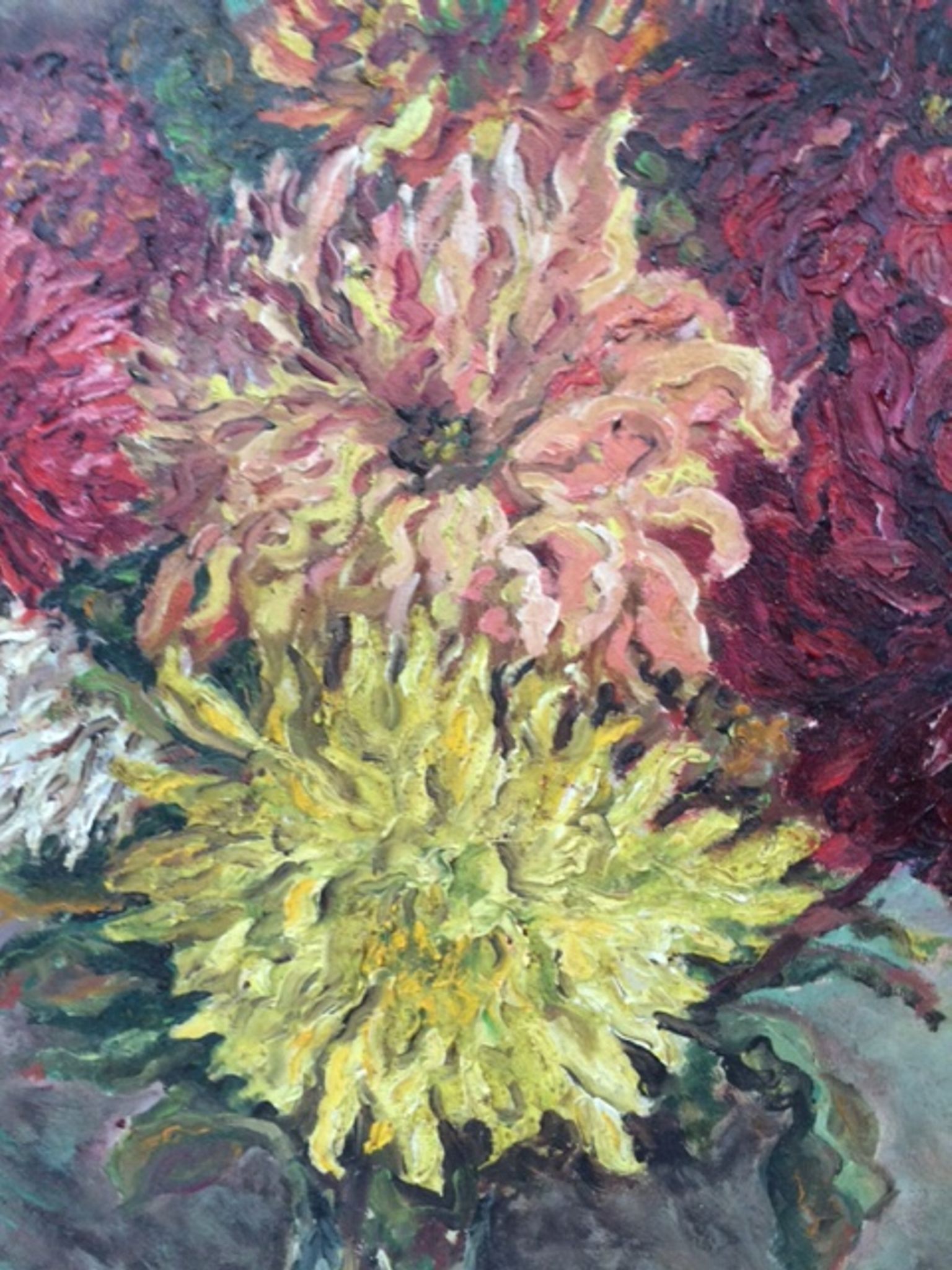 Table, the bouquet of Dahlias, on wood, framed
